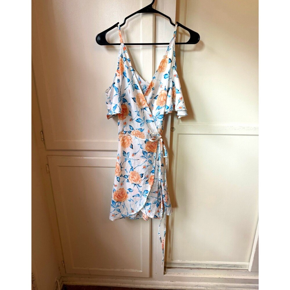 Dancing Leopard White Blue Peach Floral Wrap Tie Waist Romper V-Neck Size 12